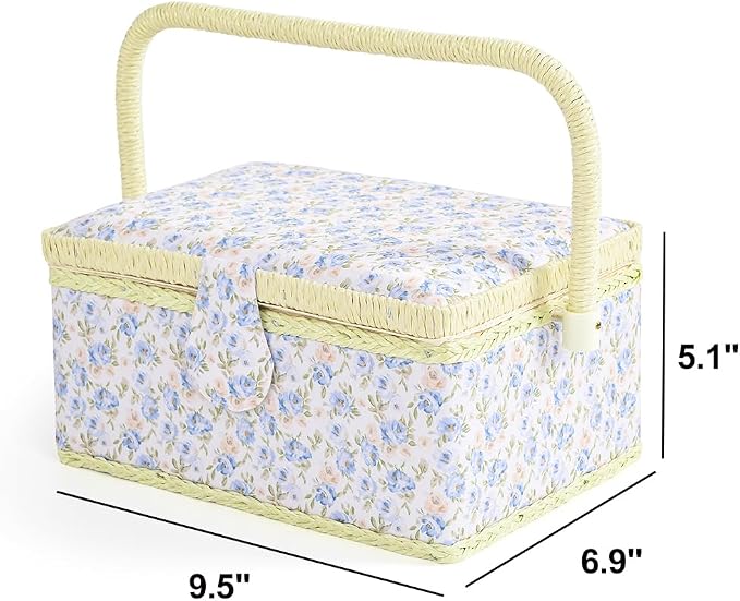 Sewing Basket with Sewing Supplies, Medium Sewing Box for Accessories Storage, Yellow Blue Flower - Image 4