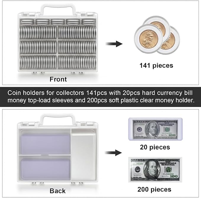 ALCYON Double-Sided Coin Collector Case with 141 Capsules&220 Bill Sleeves | All-in-One Organizer for Coins and Paper Money with Foam Gaskets, Clear Lid, Handle,Latches for Home and Coin shows Colletion - Image 2