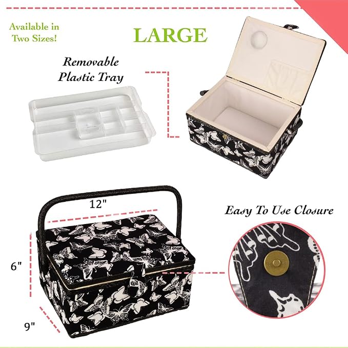 Sewing Basket with Floral Print Design - Sewing Kit Storage Box with Removable Tray, Built-in Pin Cushion and Interior Pocket - by Adolfo Design (Large - 12" x 9" x 6", Butterfly Design) - Image 2