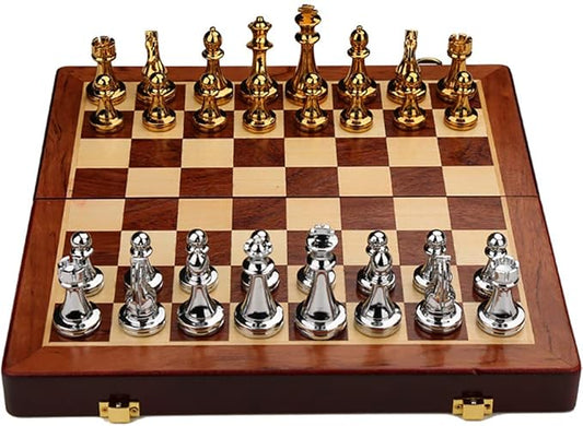 no branded Metal Glossy Golden and Silver Chess Pieces Solid Wooden Folding Chess Board High Grade Professional Chess Games Set