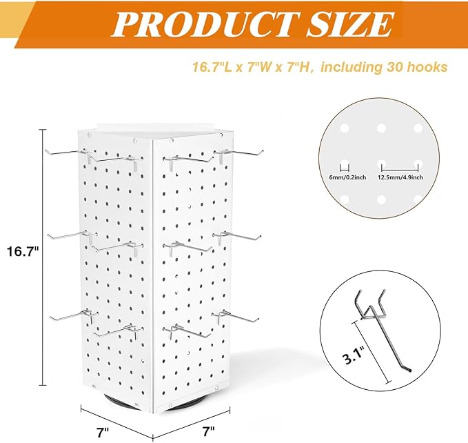 BYCY Rotating Pegboard Display Stand with 30 Hooks,Metal Spinning Peg Board Displays for Craft Shows,4-Sided Jewelry and Accessories Display Racks for Markets,Vendors,Events&Retail Stores (White) - Image 4