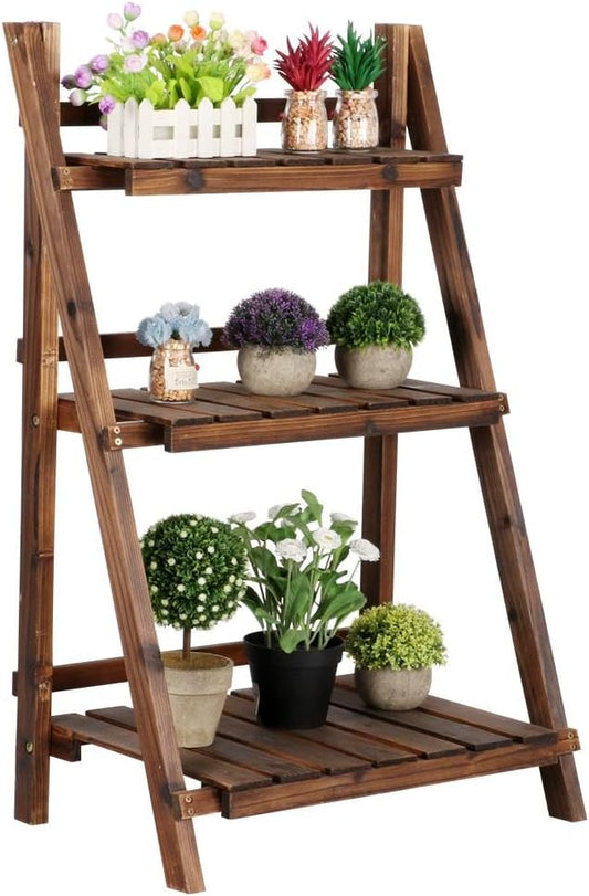 Yaheetech Folding Plant Stand Wooden Foldable Plant Shelf 3-Tier Flower Pot Stand Plants Display Shelf Rack Ladder Garden Indoors Outdoors 23.6 x 15 x 36.6in