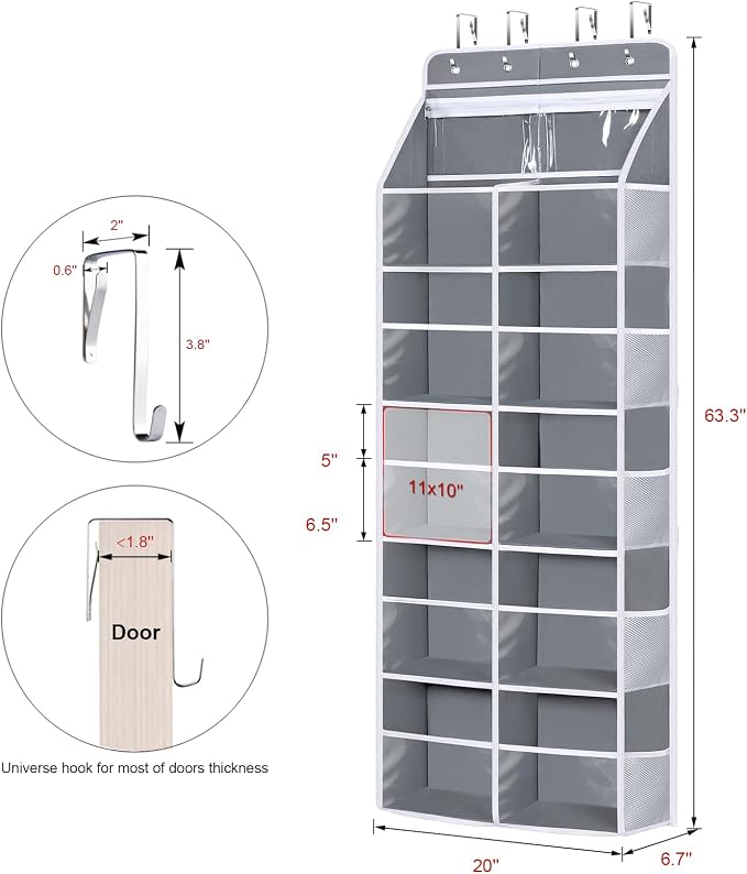 Univivi 6 Tiers Hanging Yarn Storage Organizer, Large Yarn Organizer, Grey | Large Capacity, High Load-Bearing Capacity, 12 Deep Clear Pockets, Over Door Yarn Holder for Crochet Hooks, Knitting Needles - Image 3