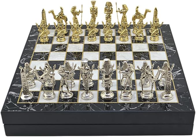 Metal Chess Set for Adults Egypt Pharaoh Figures,Handmade Pieces and Different Design Wooden Chess Board with Storage (Marble)