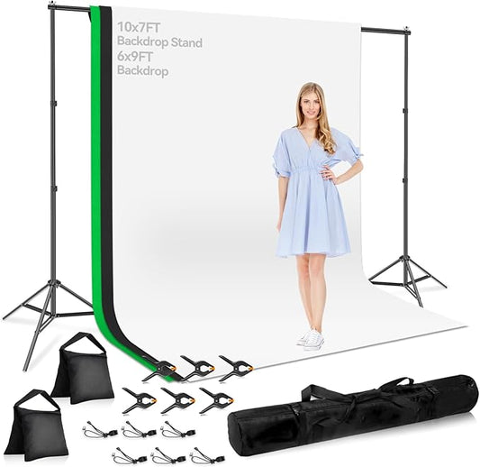 7x10 FT Photography Background Support System, Adjustable Photo Video Studio Backdop Stand Kit with 3 Polyster Background (Black, White, Green), Spring Clamps, Sandbags and Carry Bag
