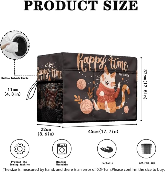 Sewing Machine Dust Covers & Mat with Pockets for Sewing Accessories Dust Proof Sewing Machine Cover Tailor's Cat Pattern - Image 2