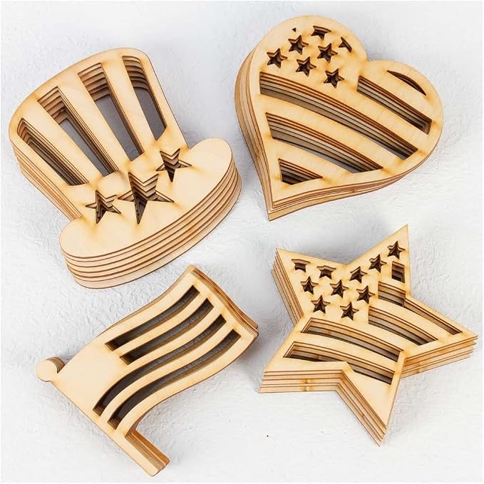 Pack of 24 Unfinished Wood Assorted Americana Cutouts - Made in USA Heart Star Flag Hat Wooden Shapes for Patriotic Decorations, 4th July Crafts and DIY Projects (4-1/4 to 5-1/4") by FactoryDirectCraft