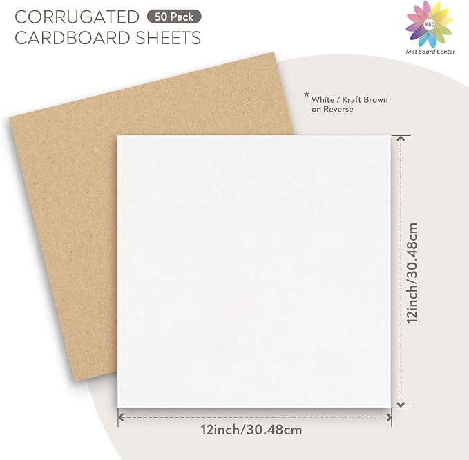 Mat Board Center, 12x12 Inch Corrugated Cardboard Sheets 50 Pack | Flat Cardboard Inserts for Mailing, Packaging & Shipping, Cardboard Backing, Craft Card Board (White on one side) - Image 2