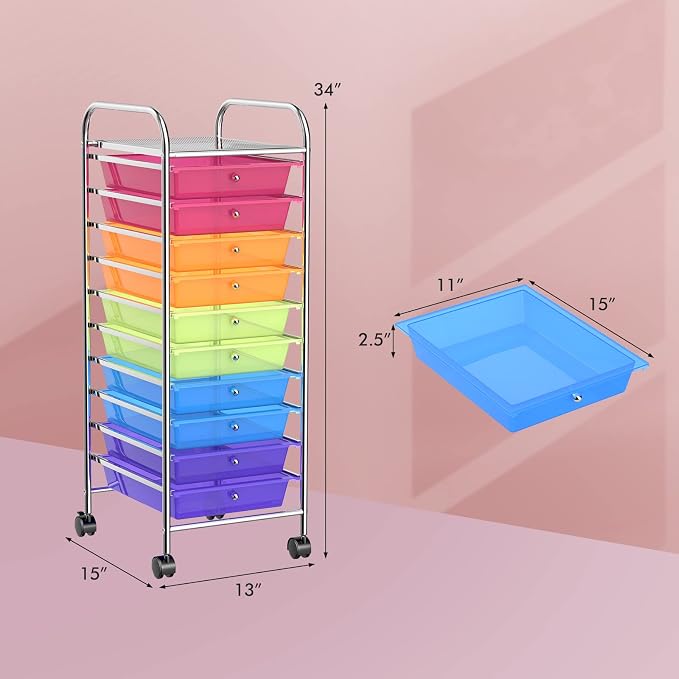 DREAMADE Rolling Cart with Storage Drawers, Utility Cart with Removable Plastic Drawers, Lockable Wheels, Art Cart for Classroom Organization Art Supplies Office Scrapbook (10 Drawers, Rainbow) - Image 2