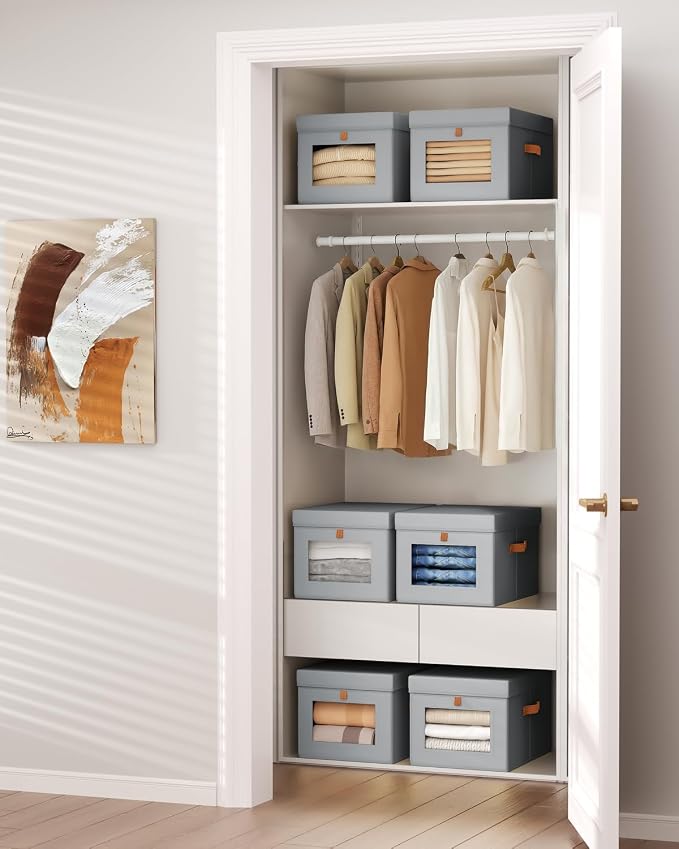 Storage Bins with Lid – Closet Organizer with Side Opening and Clear Window, Foldable Stackable Fabric Basket for Clothes, Home, Office - 13.77" x 11.8" x 9.8", 5 Pack, Grey - Image 5
