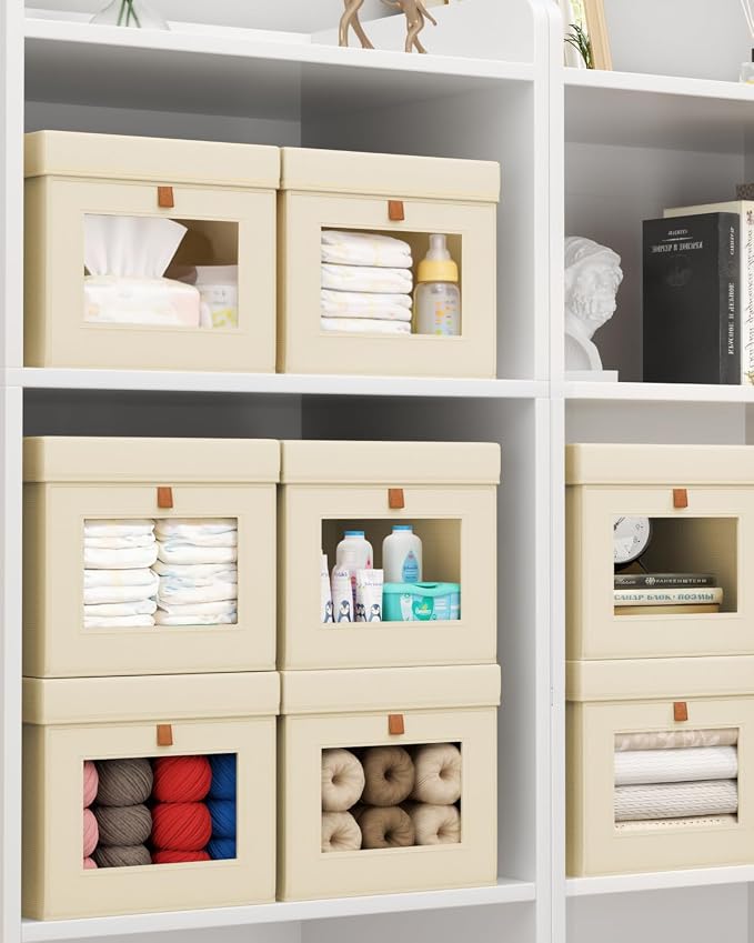 Storage Bins with Lid – Closet Organizer with Side Opening and Clear Window, Foldable Stackable Fabric Basket for Clothes, Home, Office - 13.77" x 11.8" x 9.8", 4 Pack, Beige - Image 6