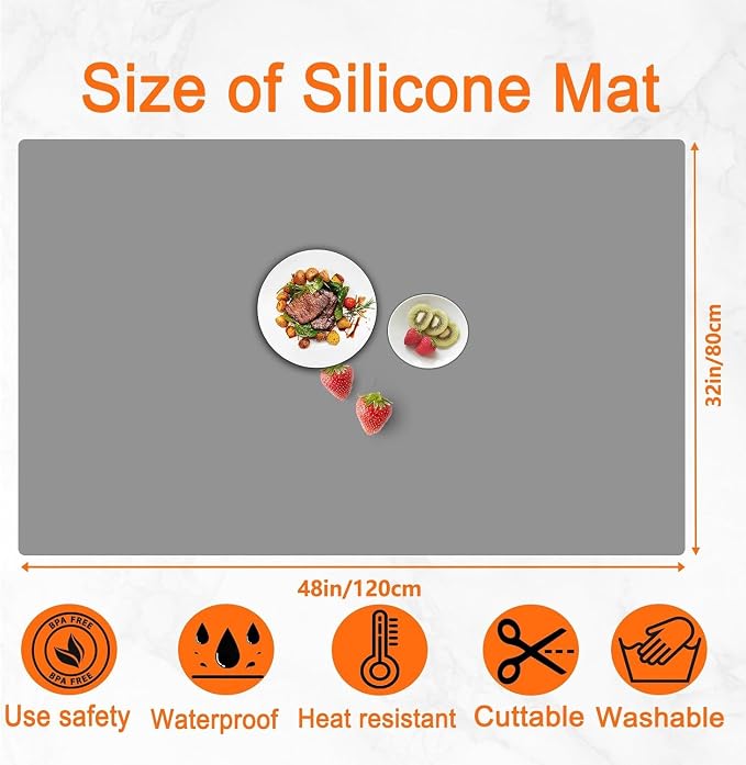 2Pack Large Silicone Mats for Kitchen Counter, 48''x32''(120cmx80cm) Heat Resistant Mat for Kitchen Island, Waterproof Multipurpose Countertop Protector, Dark Gray - Image 2
