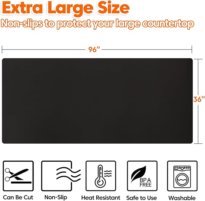 Extra Large Silicone Mat, 96”x36” Heat Resistant Mats for Countertop, Cuttable Waterproof Kitchen Counter Mat, Multipurpose Countertop Protector Mat, Silicone Mats for Kitchen Counter (Black) - Image 2