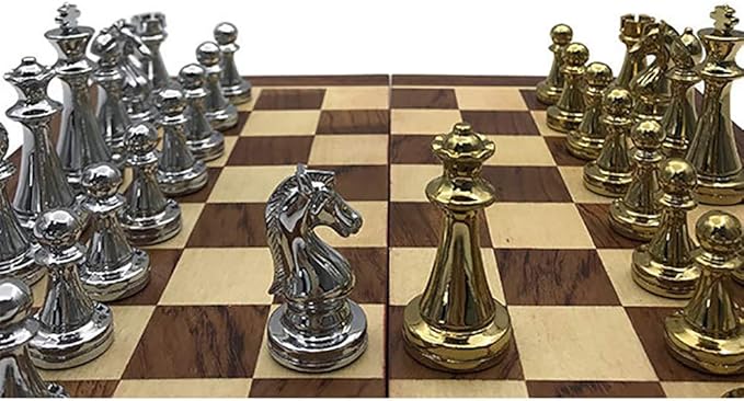 no branded Metal Glossy Golden and Silver Chess Pieces Solid Wooden Folding Chess Board High Grade Professional Chess Games Set