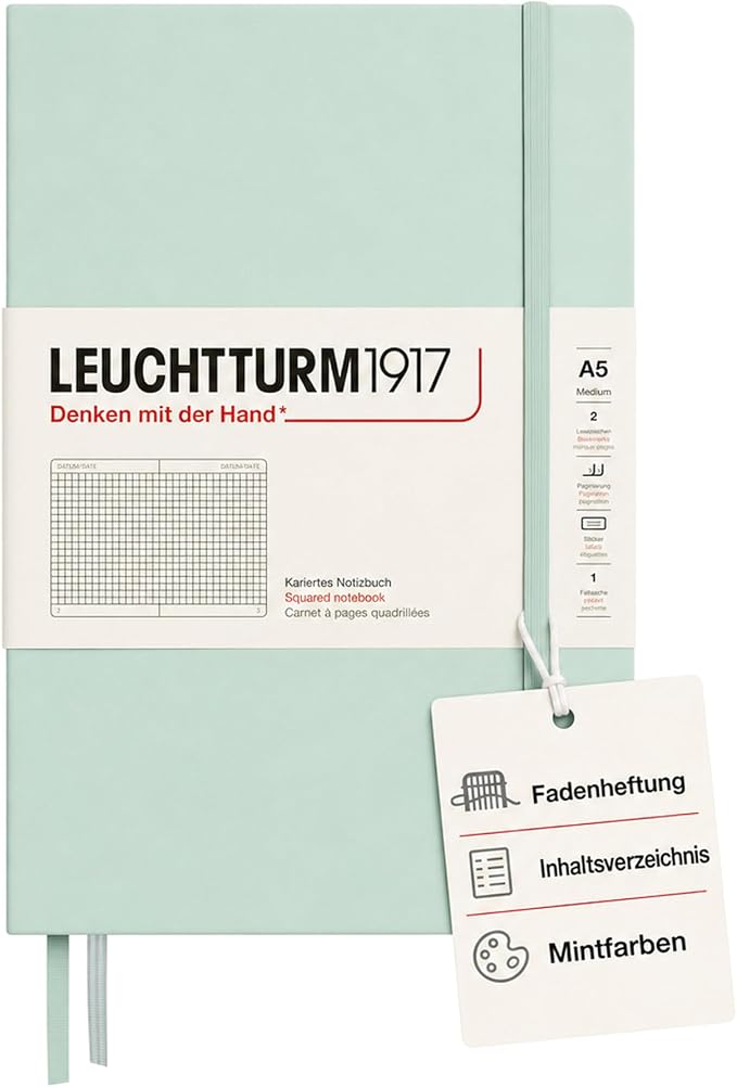 LEUCHTTURM1917 - Notebook Hardcover Medium A5-251 Numbered Pages for Writing and Journaling (Mint Green, Squared) by LEUCHTTURM1917