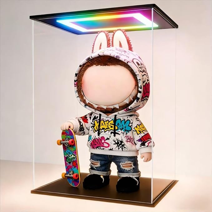 Clear Acrylic Display Case with RGB LED Light for labubu The Monsters ,Dustproof 15.7Inch Tall Showcase for LEGO 75308 R2-D2, 400% Bearbrick & Collectibles - 9.8 x 7.9 x 15.7Inches by SheenoryDisplayCase