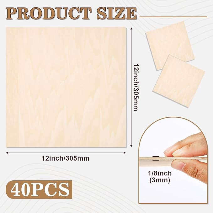 40 Pack Basswood Sheets for Crafts,12"x12"x1/8" 3mm Thick Plywood Sheets with Smooth Surfaces-Unfinished Squares Wood Boards for Laser Cutting, Wood Burning, Architectural Models, Staining - Image 2