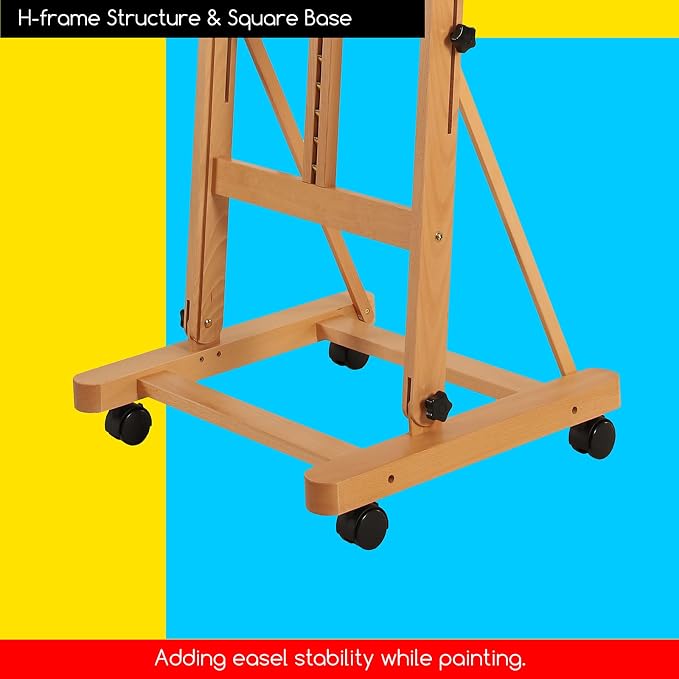 MEEDEN Large Studio H-Frame Beech Wood Artist Easel - Adjustable Movable Tilting Easel, Floor Painting Easel Stand, Holds Canvas Art up to 48" - Image 6