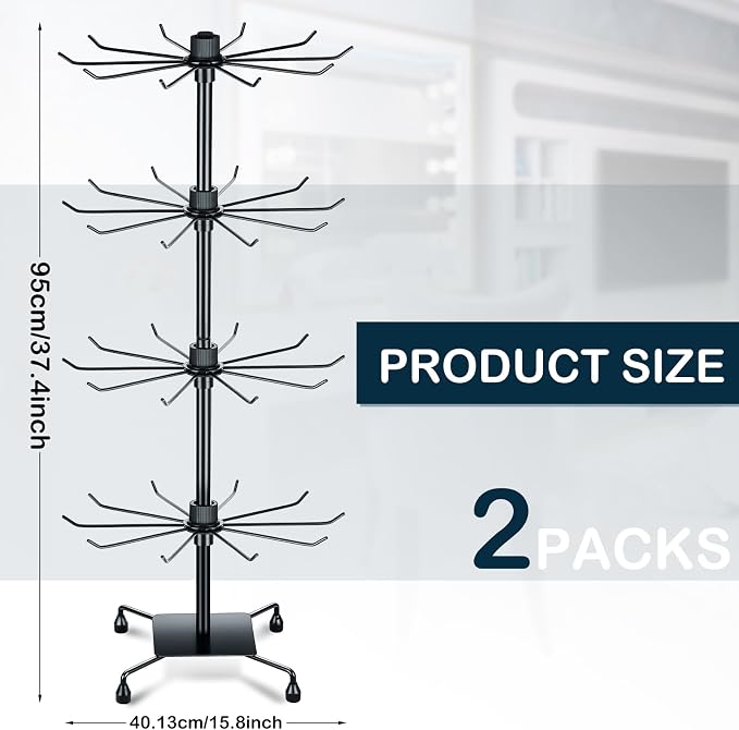 BBTO 2 Pcs Rotating Display Stand Jewelry Display Rack with Hooks Metal Earrings Stand for Vendors Necklace Bracelet Selling(Black,37.4 x 15.8 Inch) - Image 2