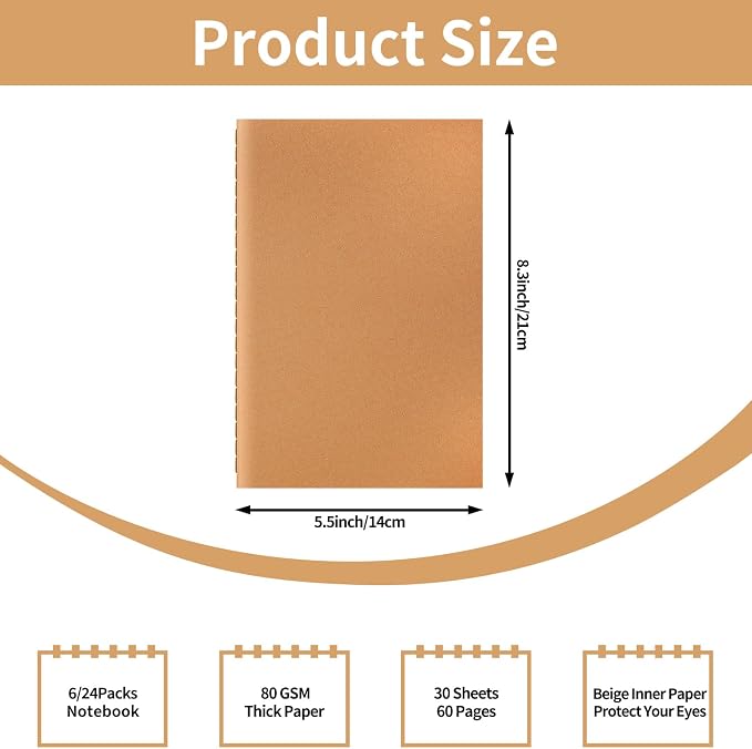 6 Pack A5 Lined Kraft Notebooks Bulk, 8.3x5.5 Inches, Journaling Notebooks | A5 College Ruled Notebook, Soft Cover Composition Notebook, 30 Sheets/60 Pages, Travel Journal Notebooks Set for Work, School - Image 2