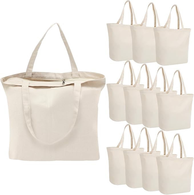 Segarty Canvas Tote Bag with Zipper, 12 PACK 19.7 x 15.7 inch Bags with Handles, 12 Oz Thick Reusable Washable Grocery Shopping Plain Totes for Teacher DIY Art Crafts Painting Decoration by Segarty