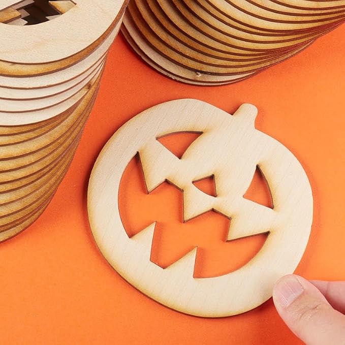 Pack of 12 Unfinished Wood Jack O' Lantern Cutouts - Halloween Pumpkin Wooden Shapes for Fall Crafts and Autumn Decorations - Made in USA (4-1/4" W x 4-1/2" H) - Image 3