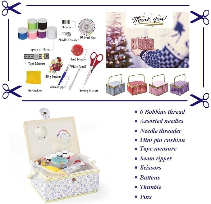 Sewing Basket with Sewing Supplies, Medium Sewing Box for Accessories Storage, Yellow Blue Flower - Image 5