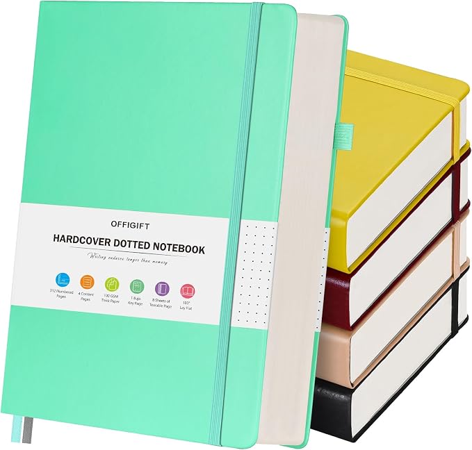 5 Pack Bullet Dotted Notebook Bulk, A5, 312 Numbered Pages Dot Journal Set | Cost-Effective 5 Pack 1600 Pages, 100gsm No Bleed Paper, Leather Hardcover, Lay-Flat, for Planning, Trackers, Lists & Layouts by OFFIGIFT