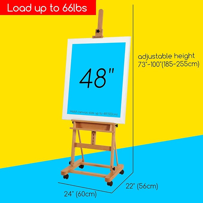 MEEDEN Large Studio H-Frame Beech Wood Artist Easel - Adjustable Movable Tilting Easel, Floor Painting Easel Stand, Holds Canvas Art up to 48" - Image 2