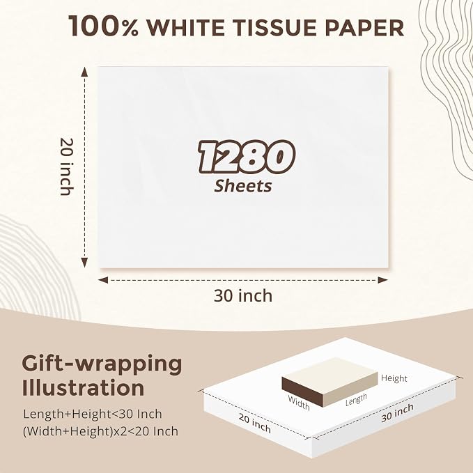 Simetufy 1280 Sheets 20x30 White Tissue Paper Bulk for Packing Moving | Gift Wrapping Tissue Paper for Weddings, Birthdays, Holidays, and Christmas Crafts Decor - Image 2