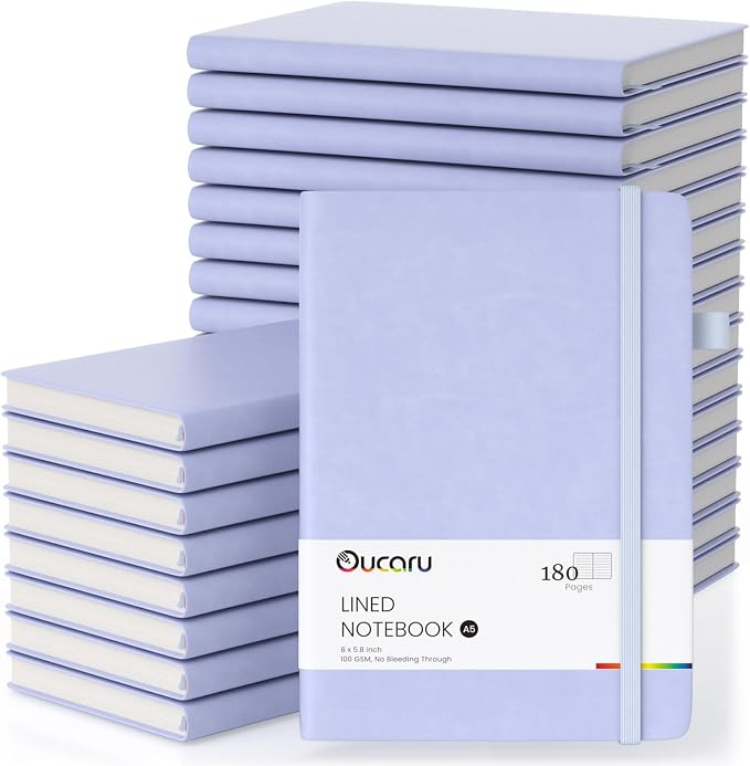 Oucaru Bulk 24 Pack A5 Lined Journal Notebook Set, 180 Pages 100 GSM Paper | Bulk 24 Pack Office Supply, 100 GSM Thick Paper No Ghosting, 180 Lined Pages, 180° Lay Flat, Pen Loop, Inner Pocket by Oucaru