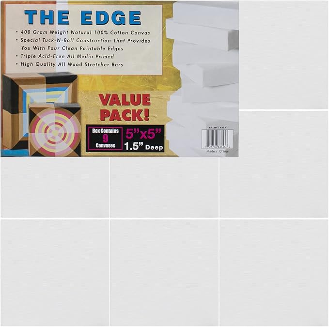 Creative Mark The Edge Deluxe Cotton 1-1/2" Deep Stretched Canvas for Painting, 5x5 Pack of 45, 14oz. Primed Weight, Universal Archival Priming, Medium Tooth, Frameless Artwork Canvas for Painters by CreativeMark
