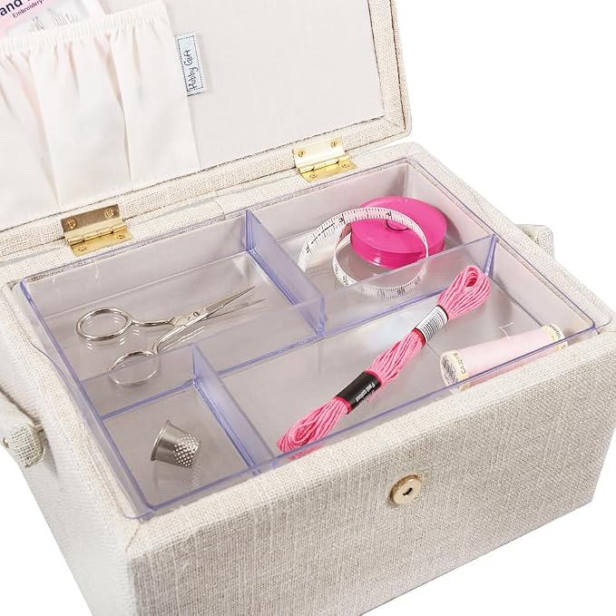Hobby Gift Medium Sewing Box Organiser | Fabric Covered Storage Box, Handle, Internal Tray, Pin Cushion and Pocket, For Sewing, Quilting and Knitting Supplies - Image 6