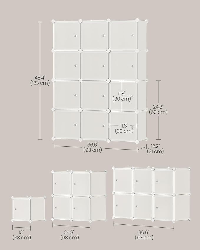 SONGMICS Cube Storage Organizer, Set of 12 Plastic Cubes, Closet Storage Shelves, DIY Plastic Closet Cabinet, Modular Bookcase, Shelving with Doors for Bedroom, Living Room, Cream White ULPC342W02