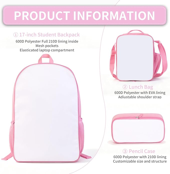 4Sets 16inch Sublimation Blank Backpack Lunch Bag Pencil Case Set for Children DIY Bookbag Cooler Bag Pencil Bag(pink) - Image 3