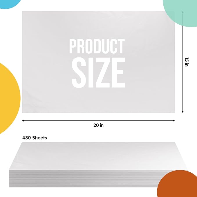 Party Solids White Tissue Paper for Gift Bags - 15" X 20" Bulk Tissue Paper White 480 Sheets - 10lb Newsprint for Packing, Birthday Gift Box Filler, Packing Supplies for Moving Supplies - Image 2