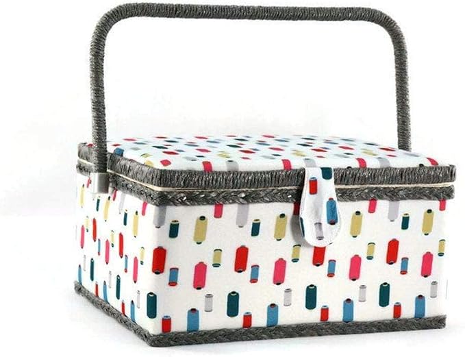 Sewing Basket with Colorful Spools Design - Sewing Kit Storage Box with Removable Tray, Built-in Pin Cushion and Interior Pocket - by Adolfo Design by Unknown