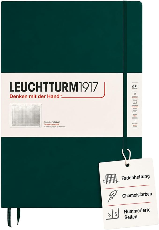 LEUCHTTURM1917 - Notebook Hardcover Master Classic A4+ - 235 Numbered Pages for Writing and Journaling (Forest Green, Squared) by LEUCHTTURM1917