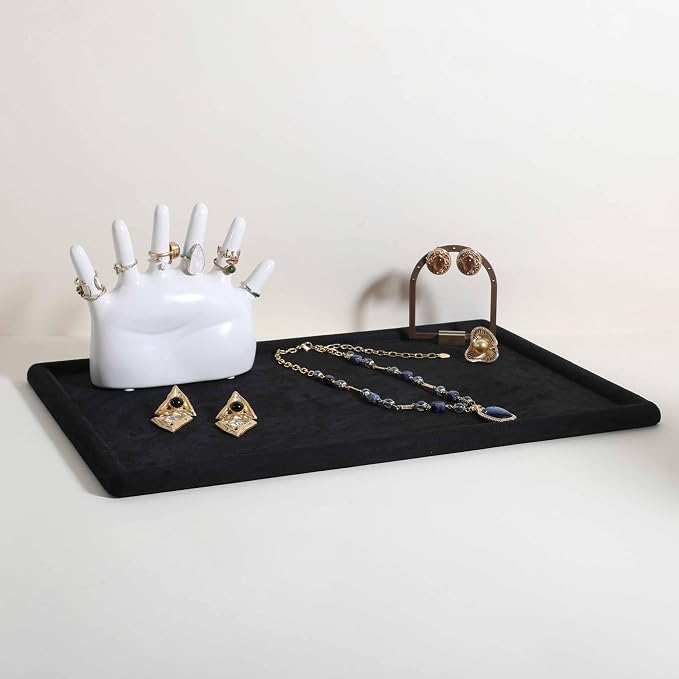Rectangle Jewelry storage organizer plate, Velvet Jewerly display tray, Empty showcase tray for Necklace Bracelet Ring Earring【Black-Large, 17.7 x 11.8 in 】 - Image 3