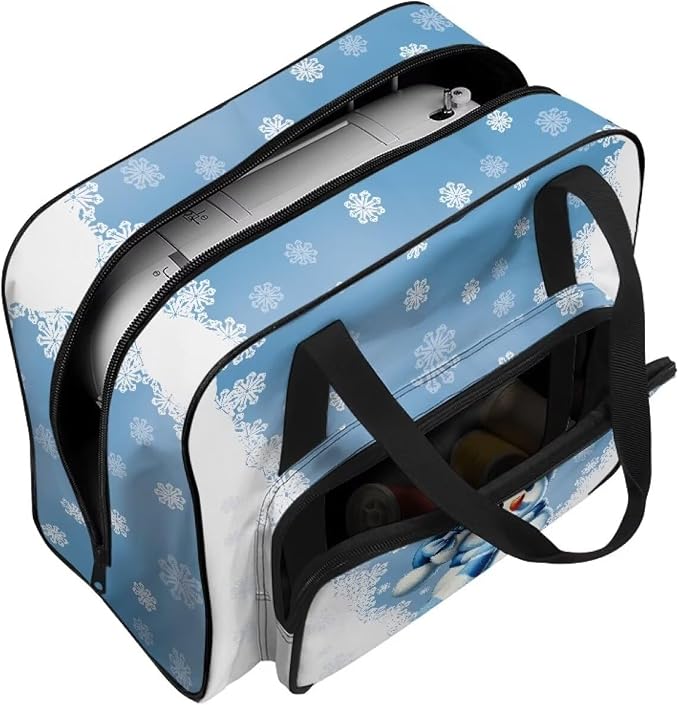 Sewing Machine Carrying Case Universal Appliance Dust Storage Bag Spacious Sewing Machine Accessories Organizer Bag Portable Travel Tote Bag, Snowman Snowflake Blue White - Image 7
