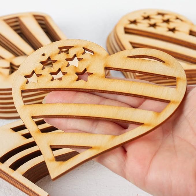 Pack of 24 Unfinished Wood Assorted Americana Cutouts - Made in USA Heart Star Flag Hat Wooden Shapes for Patriotic Decorations, 4th July Crafts and DIY Projects (4-1/4 to 5-1/4") - Image 4