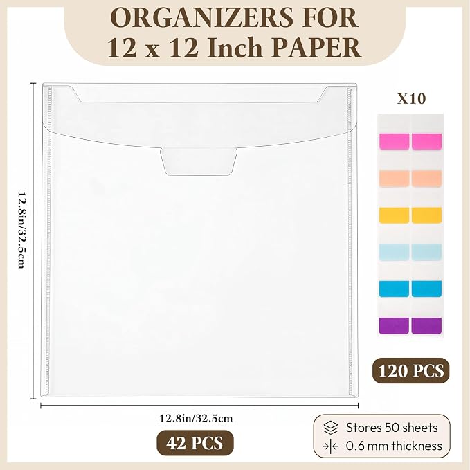 42 Pack 12x12 Scrapbook Paper Storage Organizer with 120 Label Stickers, Clear PVC Acid-Free Sleeves with Sealing Design for Cardstock, Vinyl, Photos - Craft Room, Office & School - Image 3