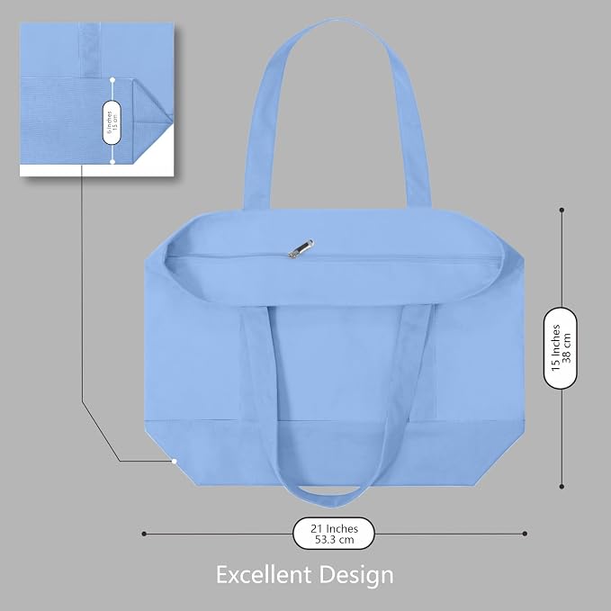 TOPDesign 6-Pack Canvas Tote Bags with an External Pocket, Reusable Grocery Shopping Bags, Top Zipper Closure, Daily Essentials (Light Blue) - Image 5