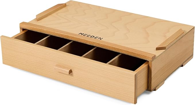 MEEDEN Artist Supply Organizer Box: 1-Tier Solid Beech Wood Art Box for Artist Supplies with Removable Dividers - Tool Storage Painting Supply Drawer Box by MEEDEN