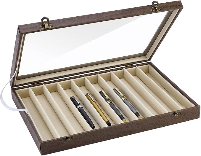 PH PandaHall 10 Slot Fountain Pen Display Box, 13.8″x9.5″x2″ Lockable Pen Storage Box Imitation Leather Pens Display Cases with Window Lid for Office Desk Pencil Holders, Coffee by PHPandaHall