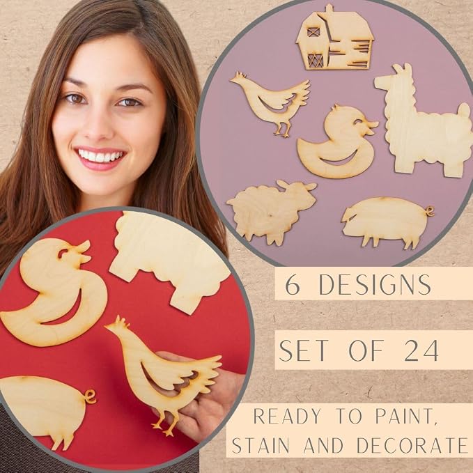 Group of 24 Unfinished Wooden Assorted Barnyard Cutouts for Craft Activities and Decorating - Image 5