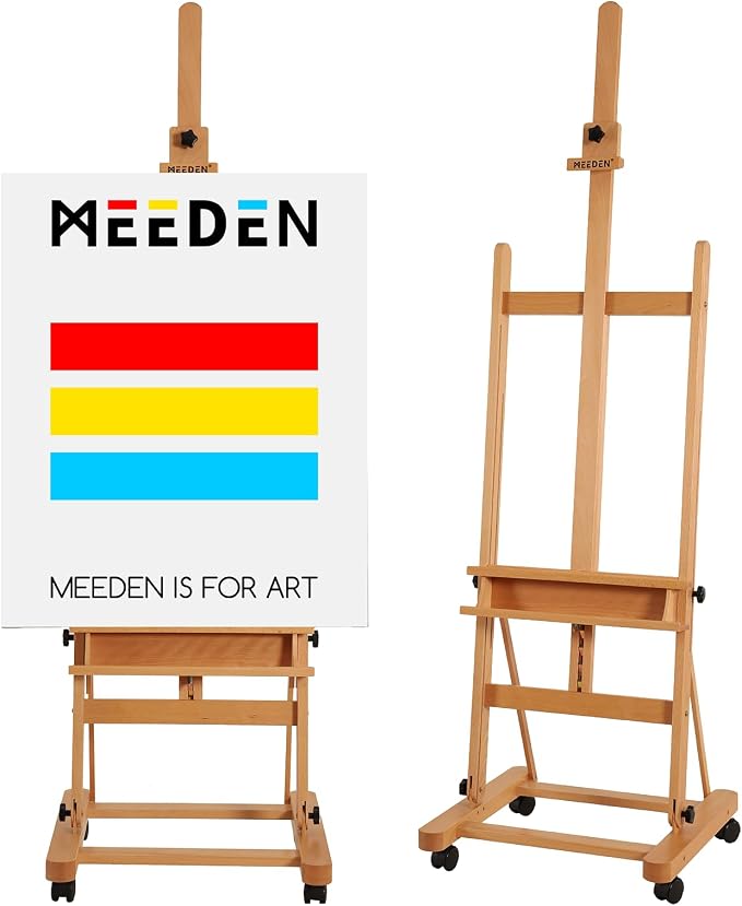 MEEDEN Large Studio H-Frame Beech Wood Artist Easel - Adjustable Movable Tilting Easel, Floor Painting Easel Stand, Holds Canvas Art up to 48" by MEEDEN