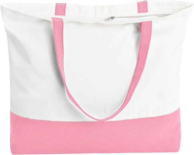 1 Pack Canvas Tote Bag with Zipper, Large Reusable Grocery Tote, Pink | Blank bag, washable, inner pocket, flat bottom, sturdy handle, for sublimation DIY/transfer, travel/beach/Christmas crafts by HWJH