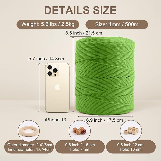 ZUEXT Macrame Cord, Apple Green, 4mm x 547yds Cotton String Macrame Yarn | Natural Handmade, 4 Strands Twisted Cotton Rope, for Craft Wall Hanging Weaving Tapestry Dream Catchers Hanger DIY Gift, 500m - Image 2