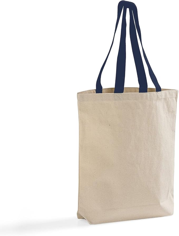 Cotton Canvas Tote Bag - 12 Pack Reusable Shopping Bags with Color Handles for Work, Open Top Beach Bags Bulk pack - Image 2